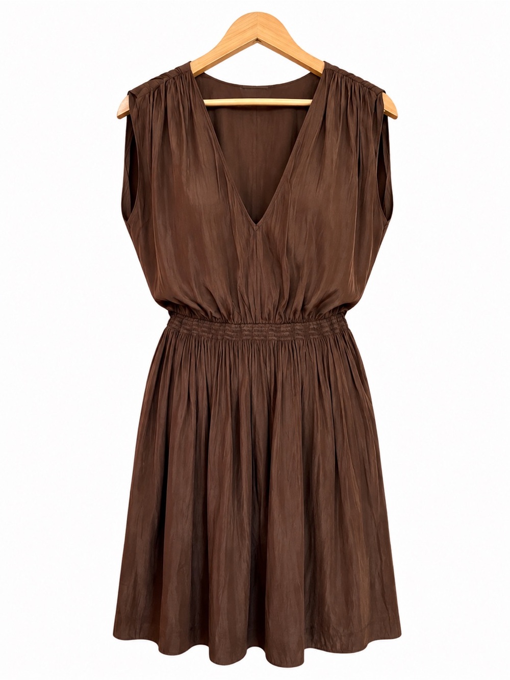 Aritzia Wilfred Almeida Dress M Medium Brown Pleated Sleeveless V-Neck Smocked